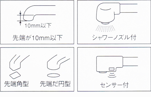 標準取付できない水栓：先端が10mm以下、シャワーノズル付、先端角型・先端だ円型、センサー付